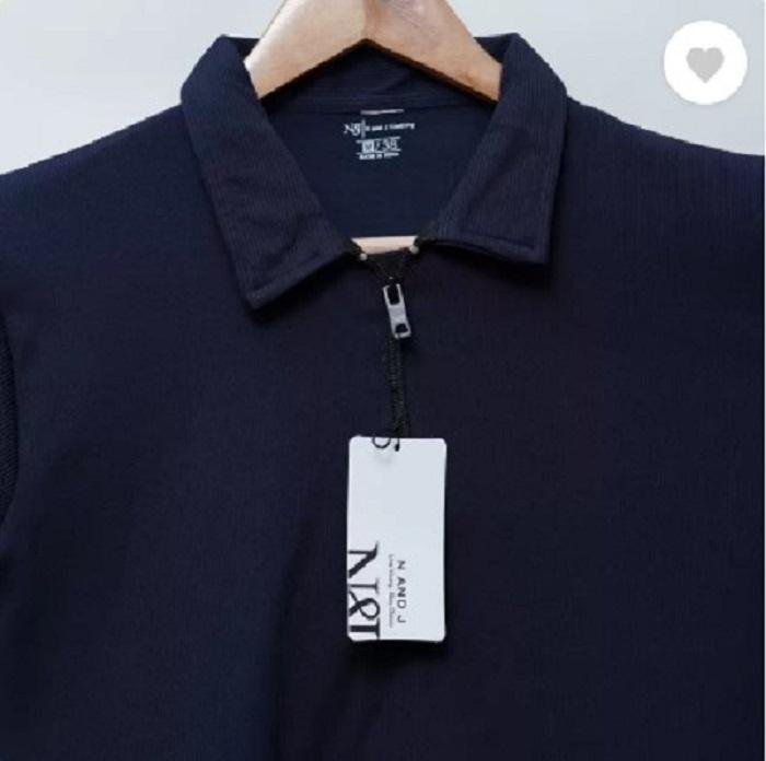 Men Cotton Plain Polo T-Shirt Navy Blue Round Neck